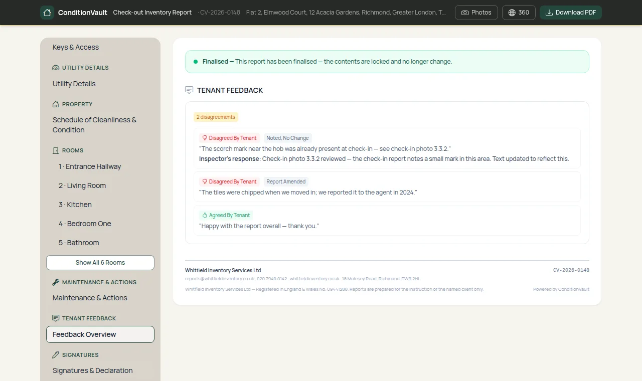 A ConditionView online report showing the tenant's comments and the inspector's responses (sample data)