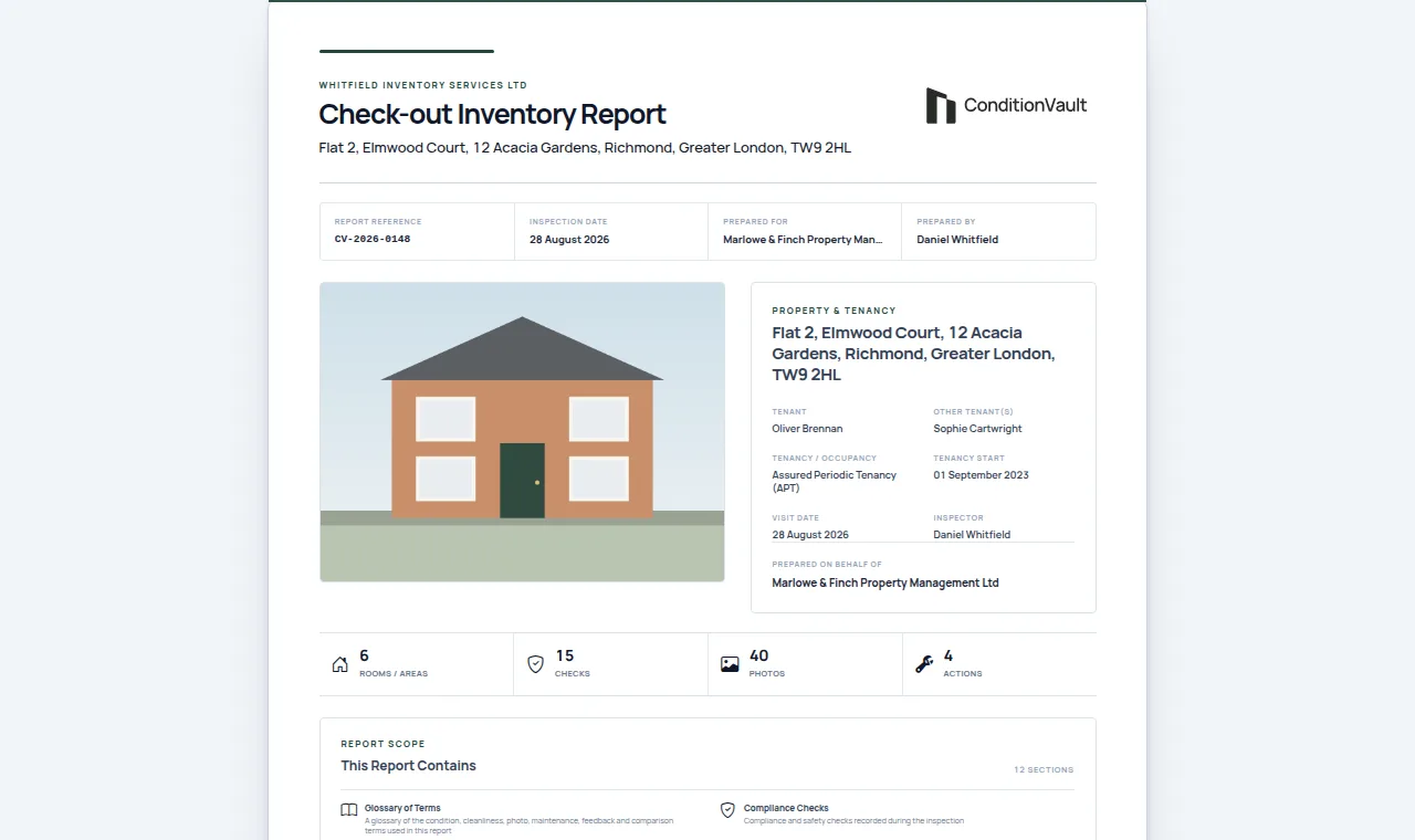 The cover of an issued ConditionVault check-out report, with the property, tenancy and report details (sample data)