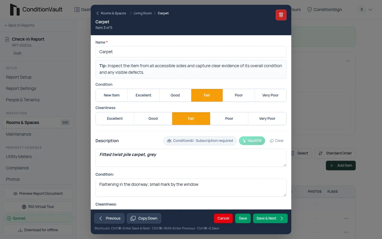 The ConditionVault report editor recording a carpet's condition and cleanliness (sample data)